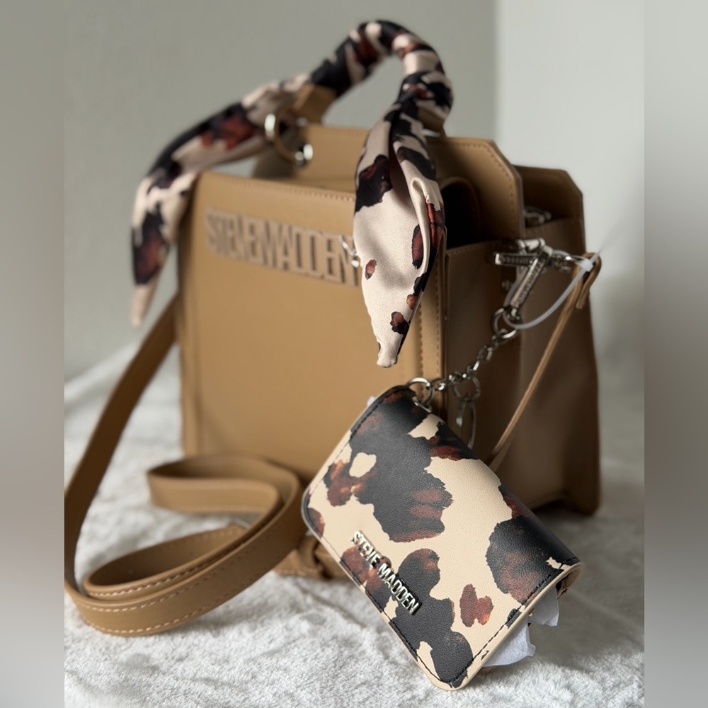 Steve Madden Bevelynn Satchel Western Cow Print Scarf Wallet tote crossbody Bag - Picture 4 of 10